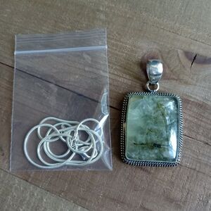 Large Square Ethereal Prehnite with Epidote Pendant Necklace 925 Silver